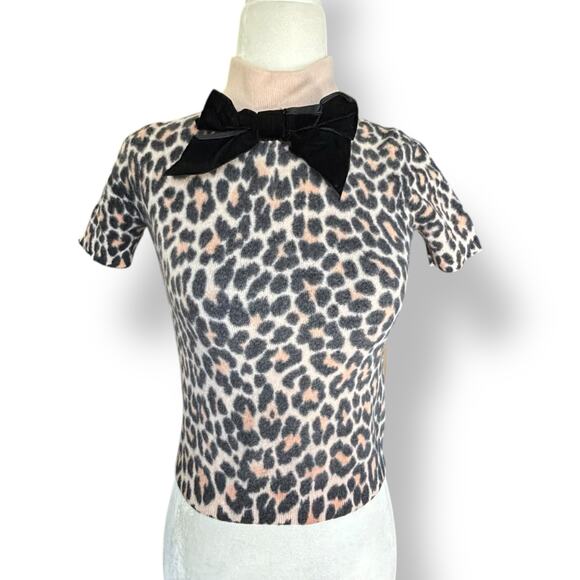 Kate Spade Leopard Bow Sweater XS Wool Short Sleeve Turtleneck Animal Print Top - Picture 1 of 9
